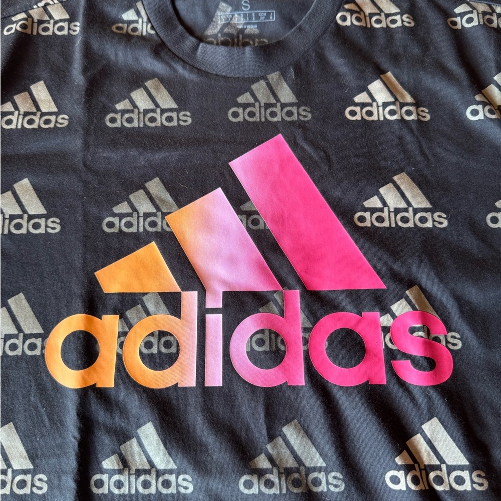 New without Tags!  Adidas Black Shirt with Pink and Orange Logo Men’s Size Small